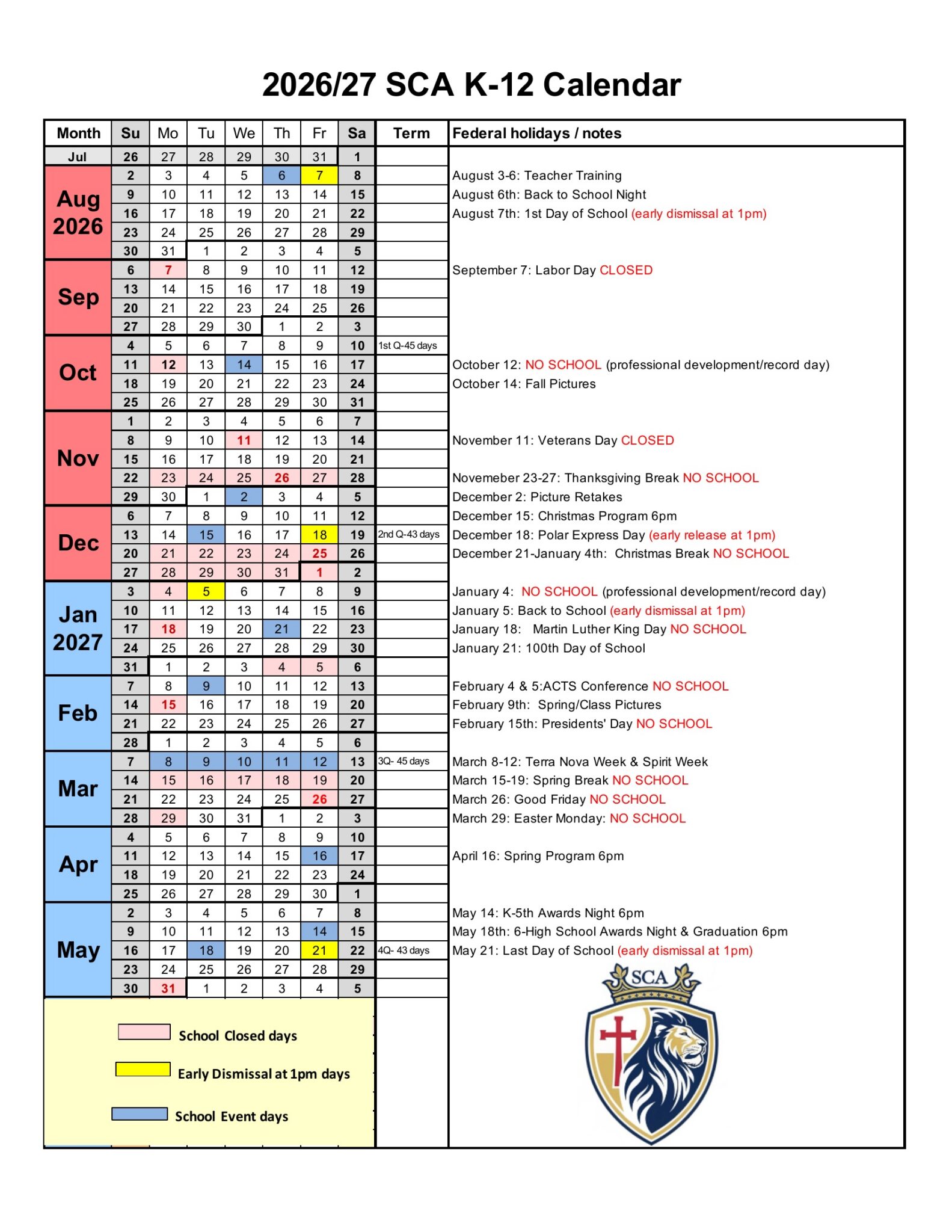 K-12 calendar 2026-2027